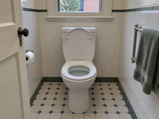 Clean white toilet in a tiled bathroom with patterned floor and towel rail in Double Bay